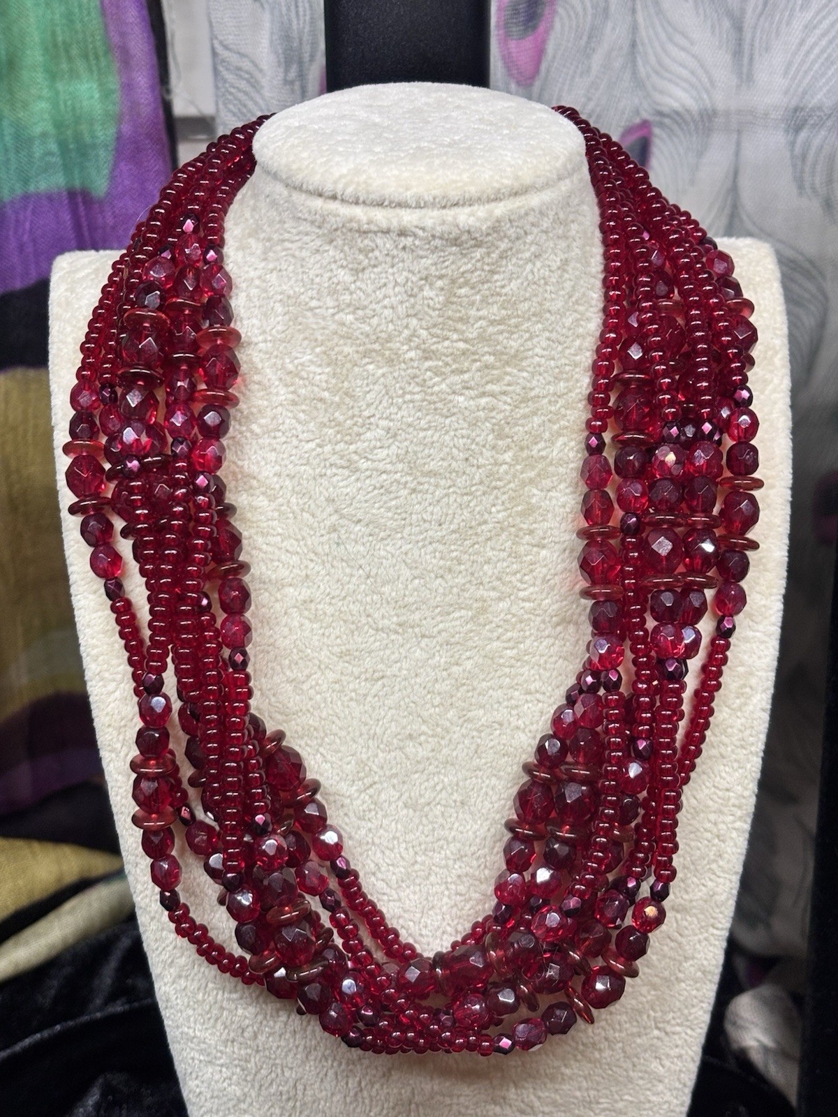 Vintage Lovely Ruby Red Crystal Glass Beads 8 Strand Necklace Adj 16-18 “