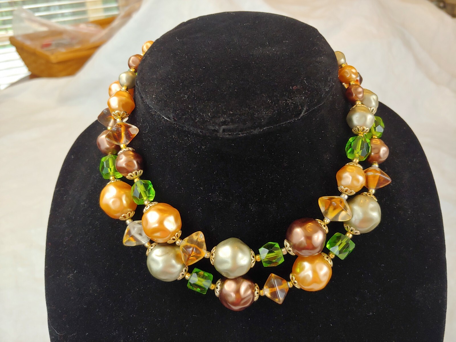Vintage MCM 1950s Peach Gold Green Brown Bead Costume 2 Strand Necklace VGUC!