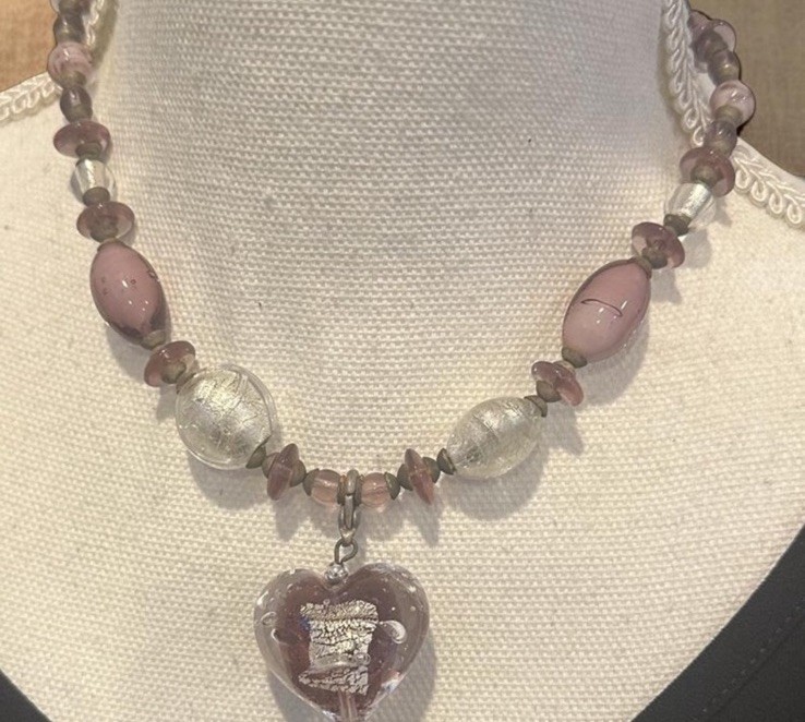 Vintage Hilary London Purple Puff Heart Glass Pendant & Beads Necklace
