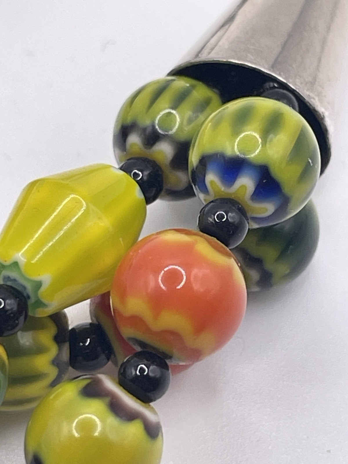 Vintage Glass Chevron Beads Three Strands Multicolor Silver Tone 19 3/4″