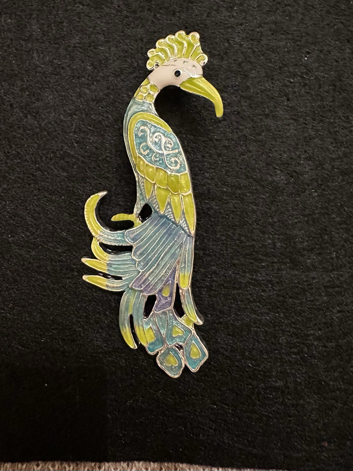 Vintage Enamel Blue and Lime Green Bird Of Paradise Brooch Pin Pendant Signed MJ