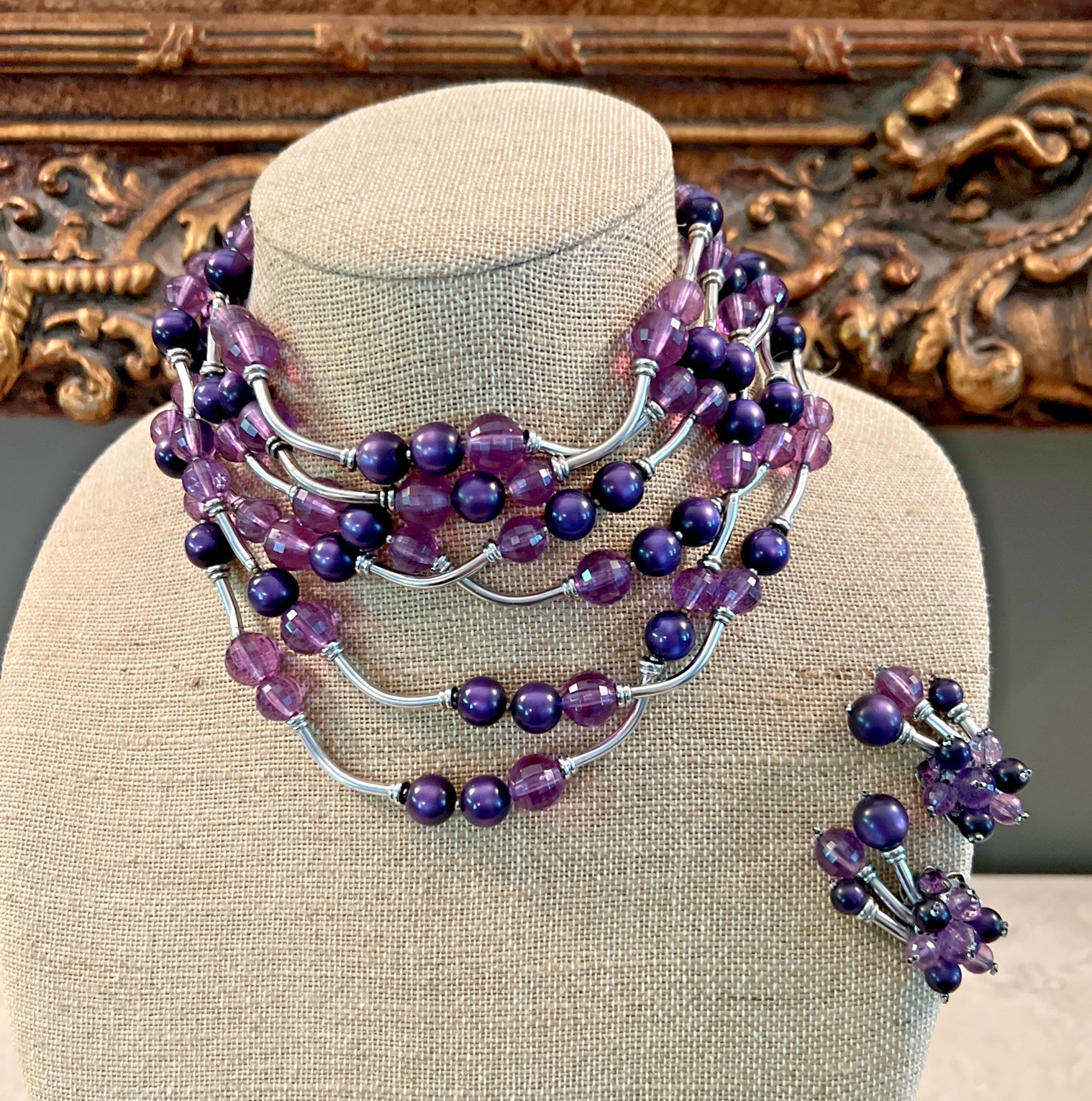Vintage SIGNED DEMARIO AMETHYST & SILVER BEAD NECKLACE & EARRING SET / 6 STRAND