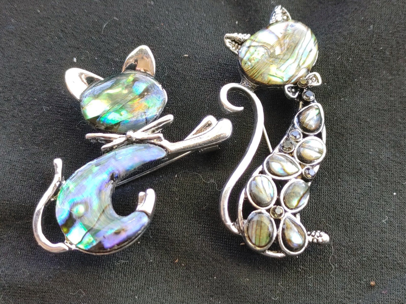 2 Pc. Lot Of Whimsical Retro Cat Brooches Faux Abalone Silver Tone 2″