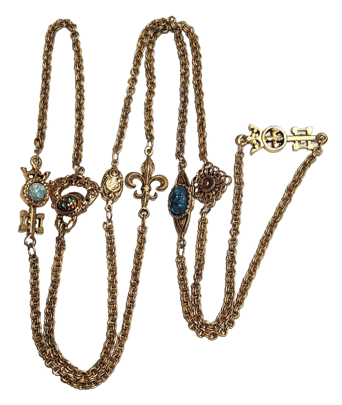 Vintage Unsigned Goldette Fluer de Lis, Faux Gemstone. Key Station Necklace 54″