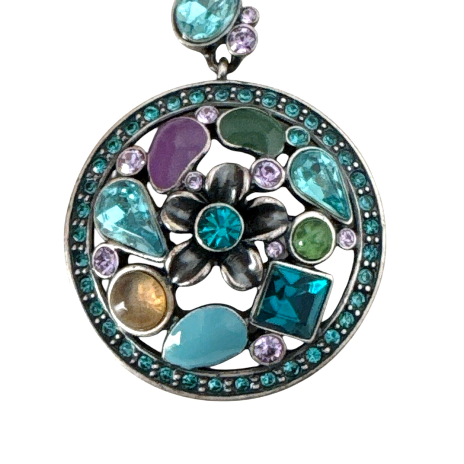 Floral Purple Blue Rhinestone Enamel Pendant Necklace / Earring Set ~Silver Tone