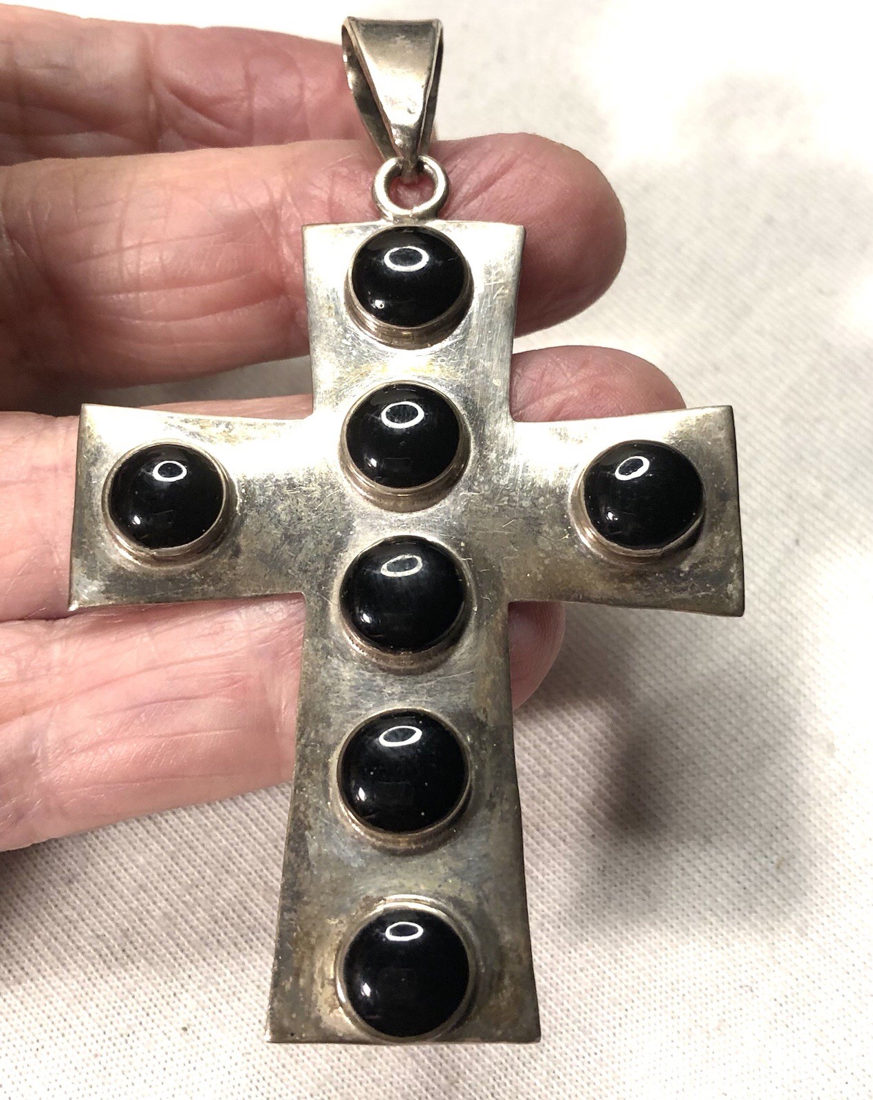 Sterling Cross.. Black Cabochons. 3.25” With Bail