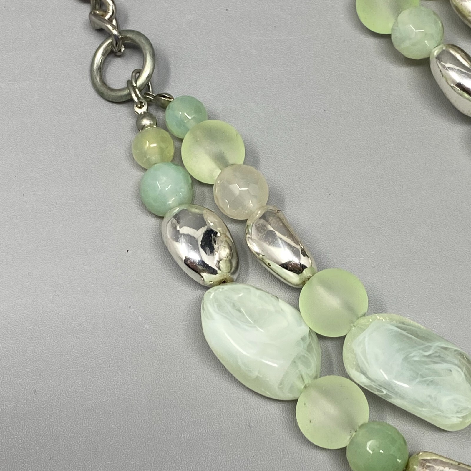 Multi Strand Necklace Green Gemstone Glass Acrylic Beads Frost Swirl Silver Tone