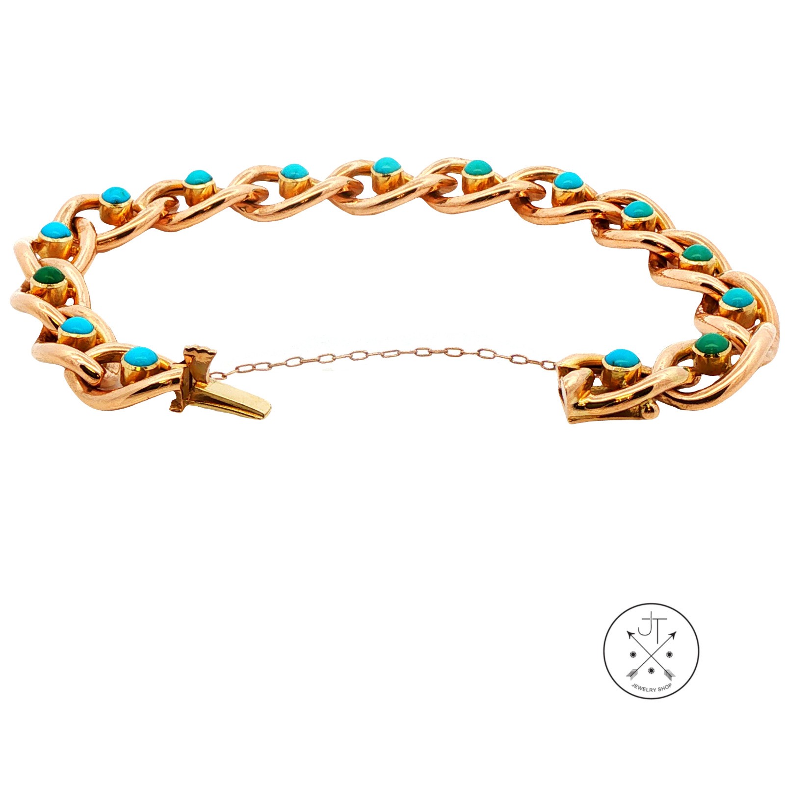 Antique 15k 15ct Yellow Gold Victorian Curb Link Bracelet with Turquoise 7.25 in