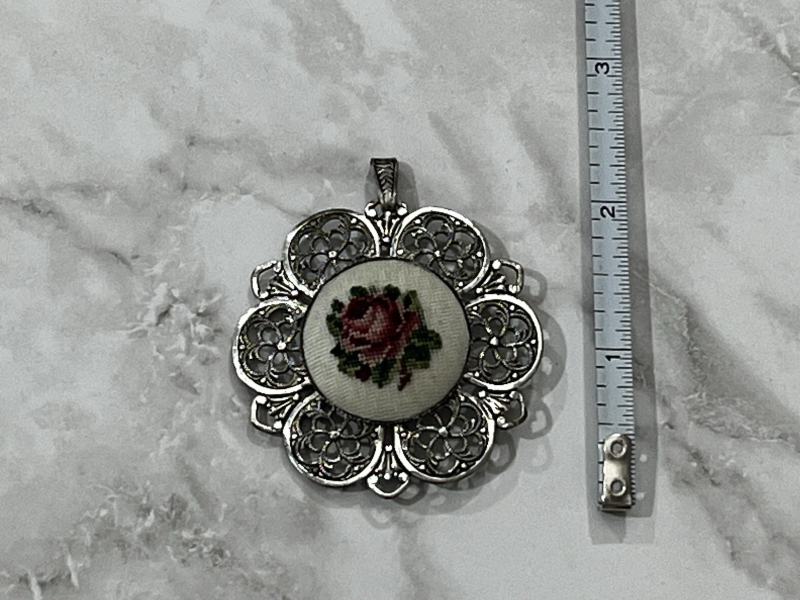 Vintage Silver Tone Austria Pendant Brooch Embroidered Petit Point Rose Bouquet