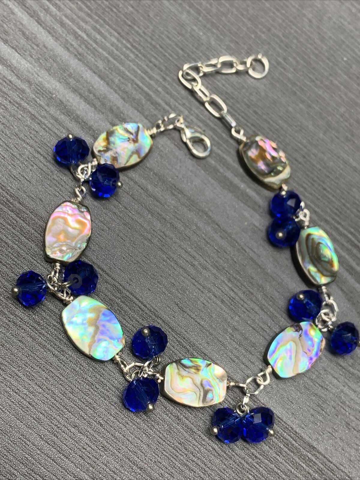 Vintage Beach Ocean Theme Abalone Shell Blue Crystal Bracelet 7.5”-9”