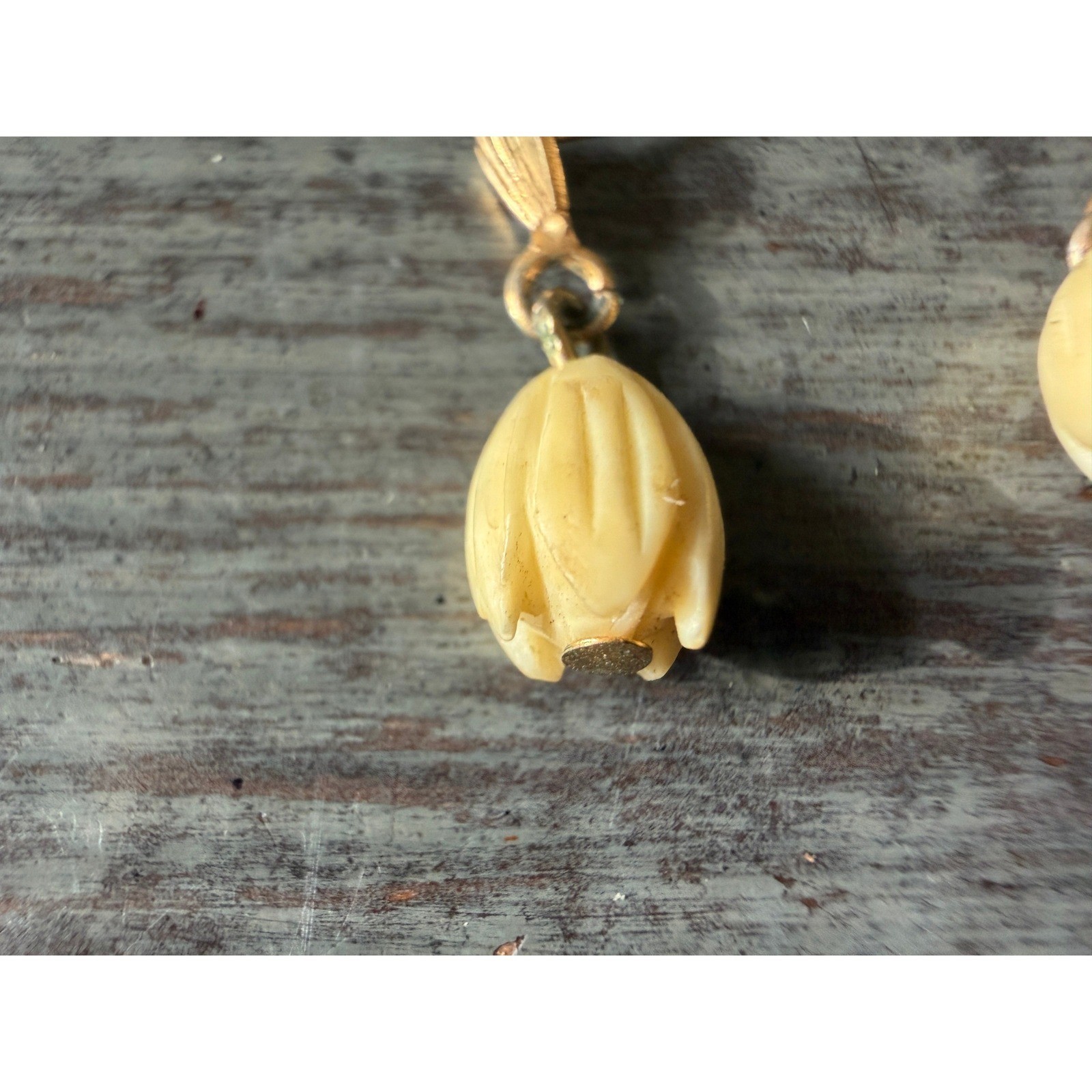 Vintage Carved Celluloid Flower Drop Earrings Cream Ivory Tulip Bud Gold Tone
