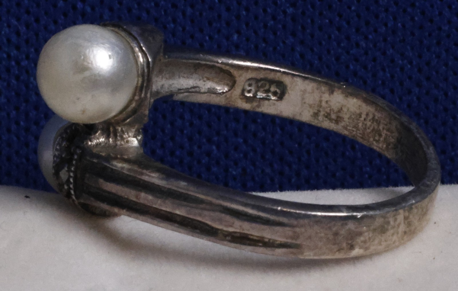 Vintage Sterling Silver 925 CW Faux Pearl Marcasite Ring Size 6.5
