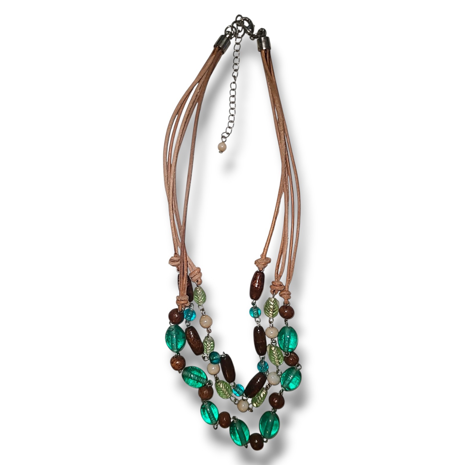 Vintage Boho 3-strand Glass & Wood Bead Faux Leather Necklace 15″-17″