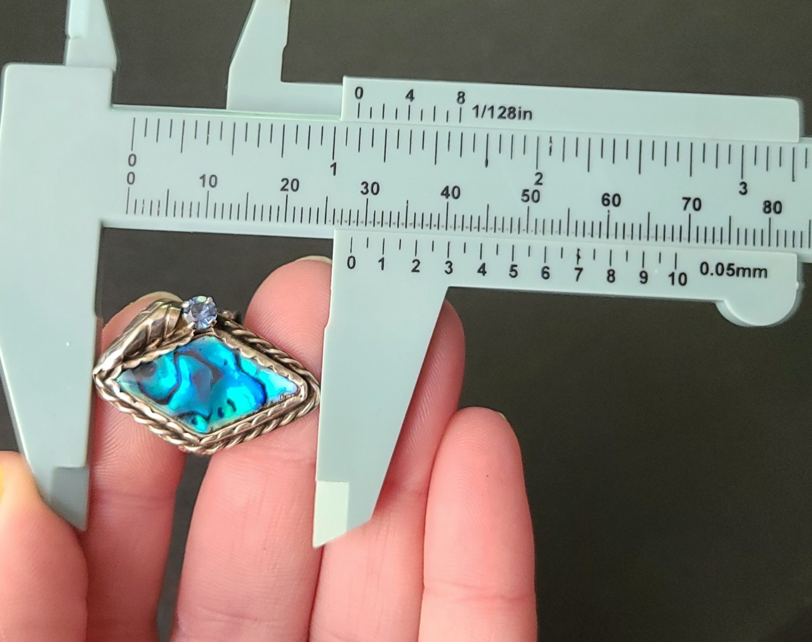 Vintage Paua Shell & Sterling Silver Ring Size 7 Leaf & Blue Rhinestone Accents