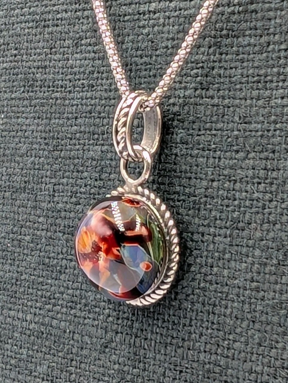 Vtg Sterling Silver Multi Color Art Glass Dome Pendant 18″ Popcorn 925 Necklace