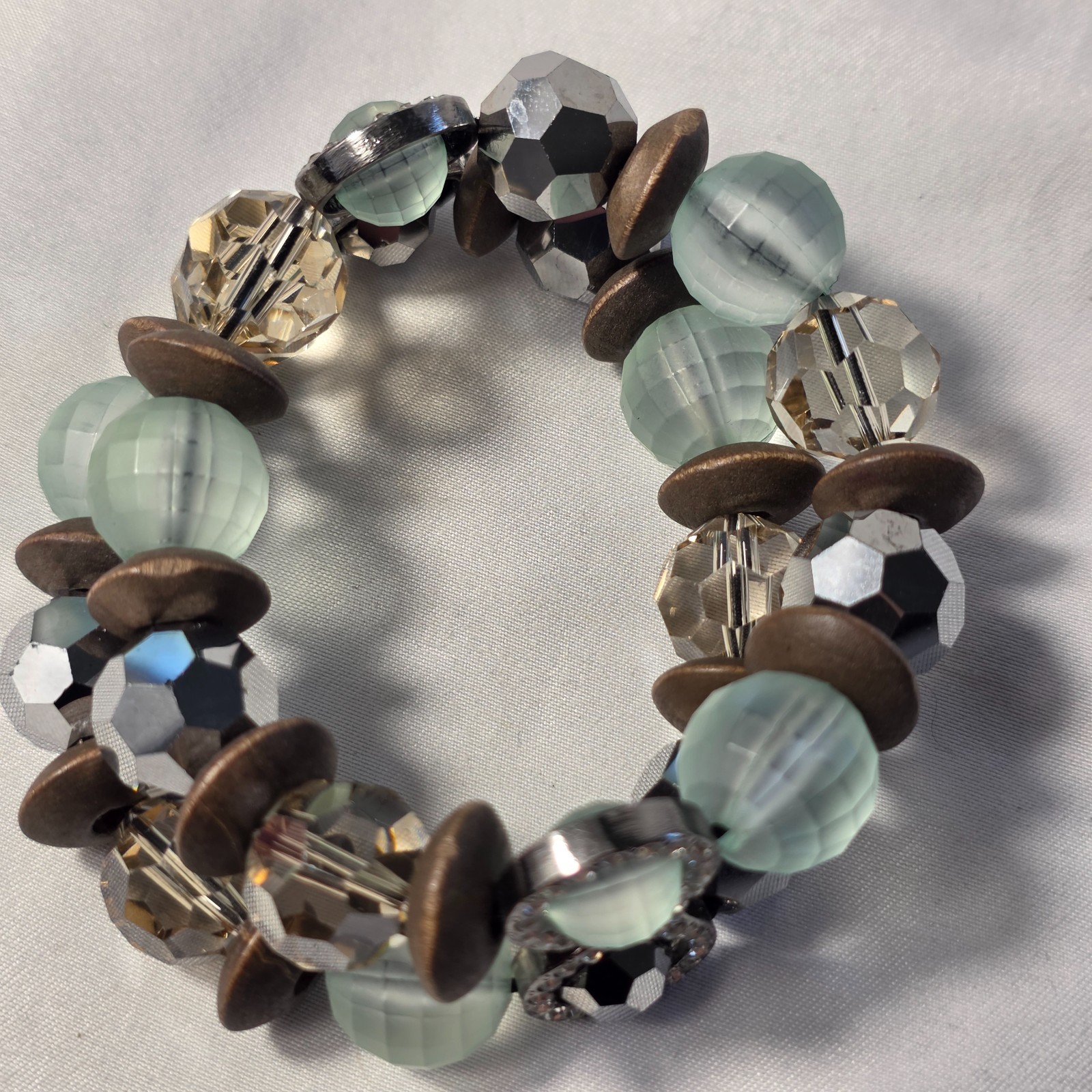 Multi-Layer Chunky Beaded Stretch Bracelet Pale Blue & Clear Faceted Beads