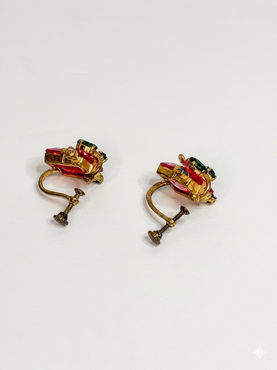 Vintage Gold Tone Screw Back Earrings Red Emerald Cut Floral Accent