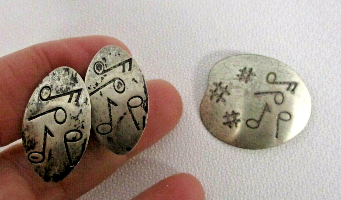 VINTAGE BEAU STERLING SILVER EARRINGS & BROOCH w MUSICAL NOTES