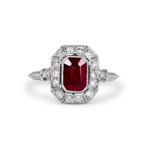 Vintage Art Deco Style Lab Created Red Ruby Engagement Wedding 925 Silver Ring