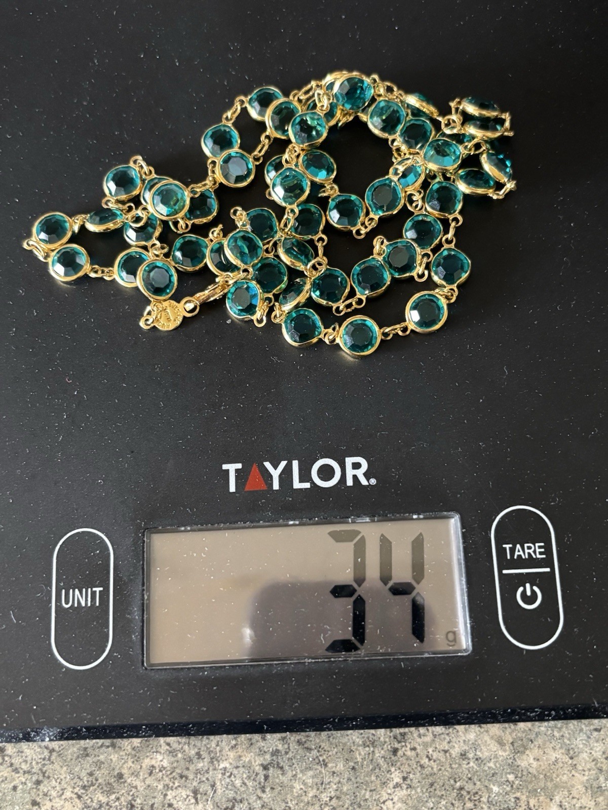 Austrian Crystals Necklace Aqua Blue Round Faceted Bezel Set Gold Tone 34 in USA