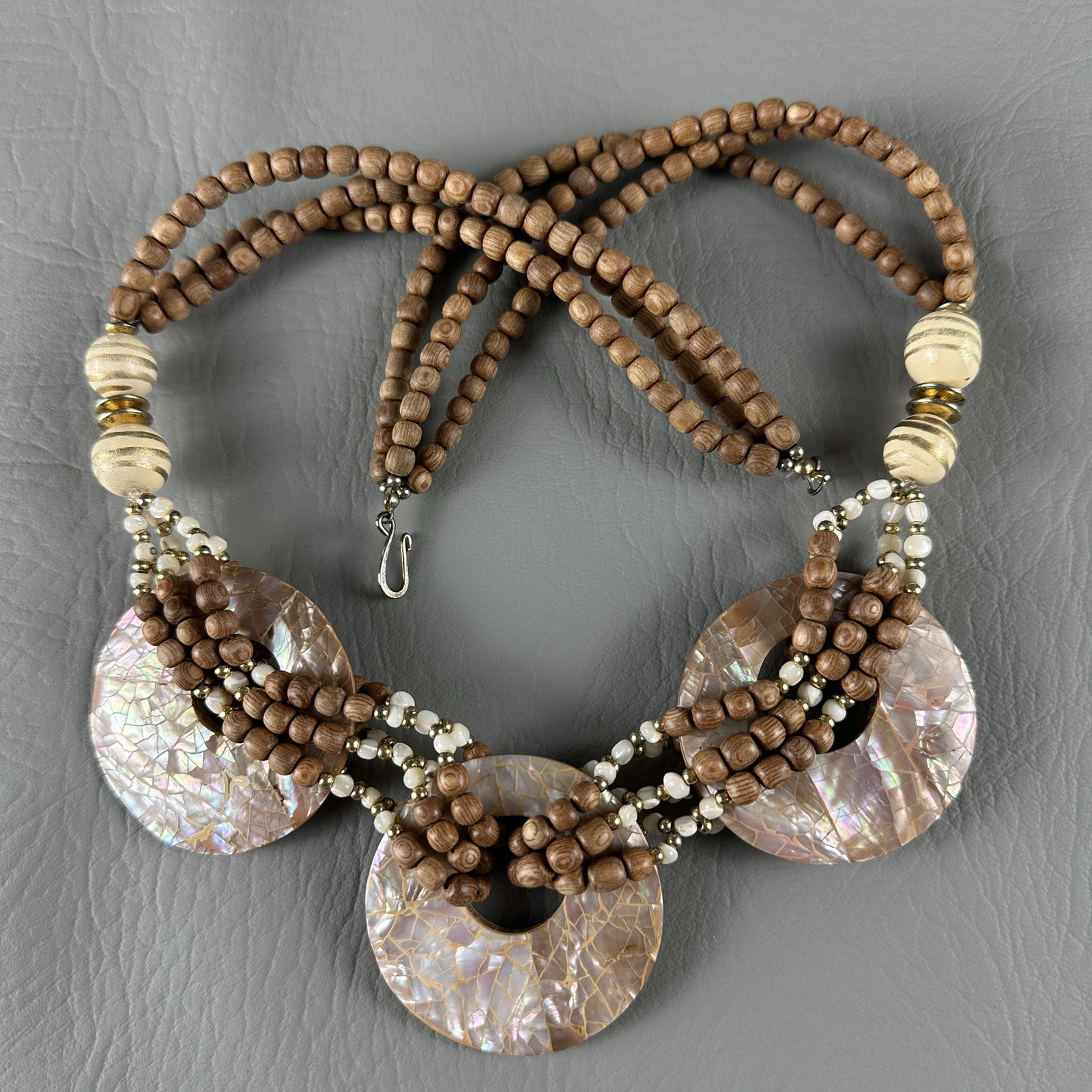Vintage Mother of Pearl Necklace Bead Statement Multi Strand Disc 23″