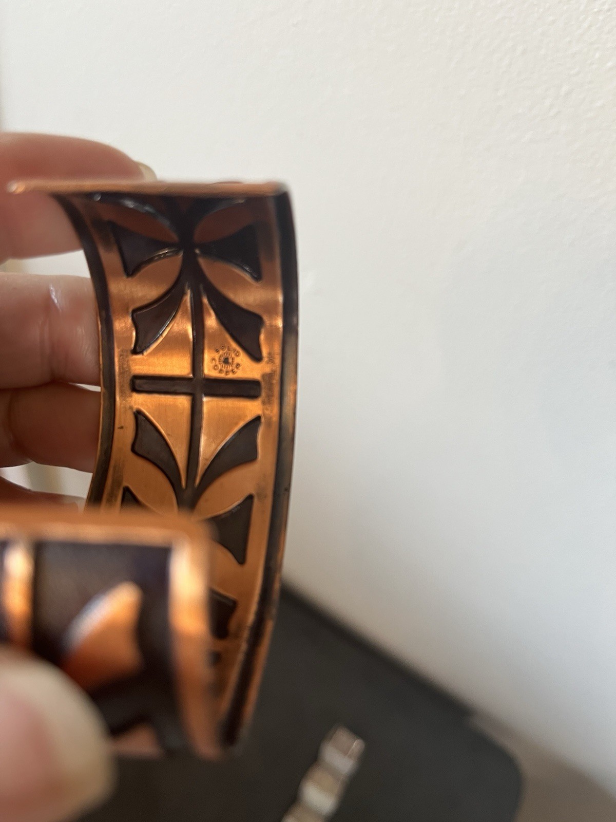 Bell Solid Copper Sterling 925 Joy Mex Turquoise Inlay Aztec Cuff Bracelet Vtg