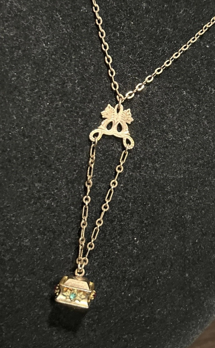 VICTORIAN 9.64g Gold Fill 3” FOB Paste Stones Dog Heads Rose GF 26” Necklace Fob