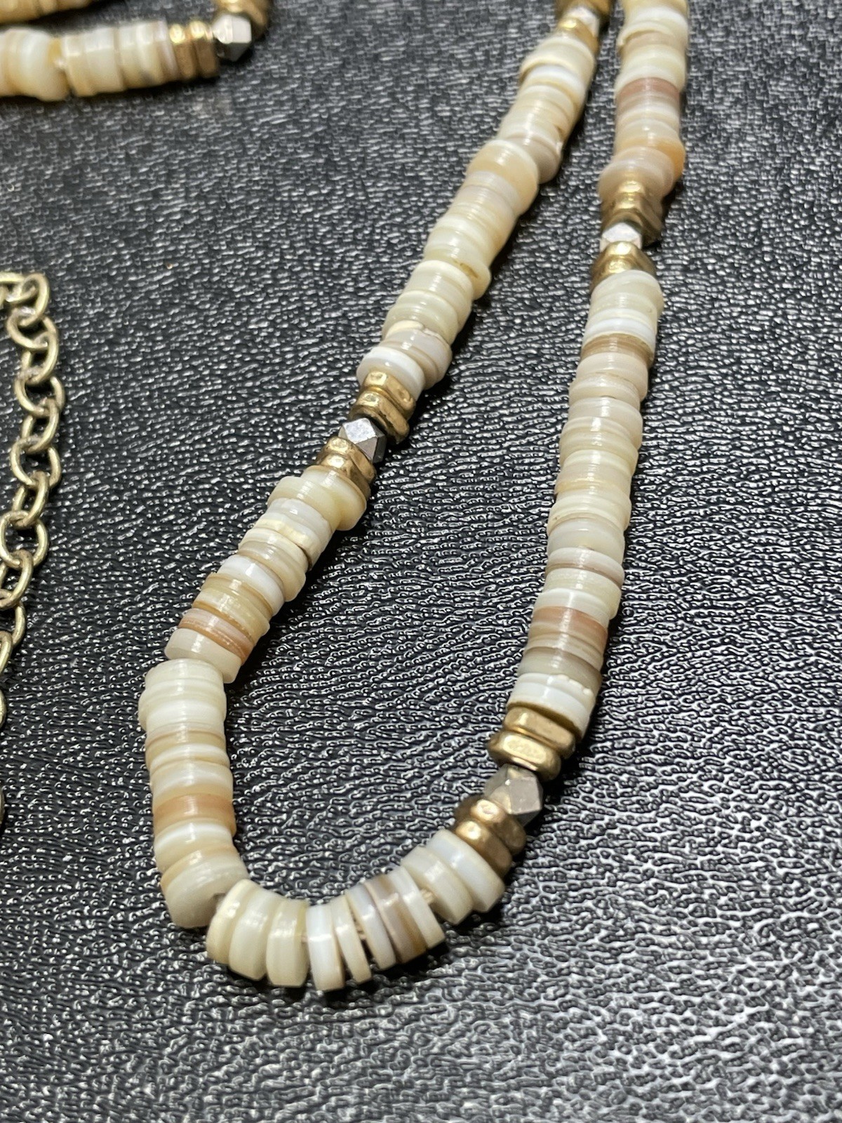 STELLA & DOT Signed 34” Heishi Shell Beaded Silver Tone Chain Necklace