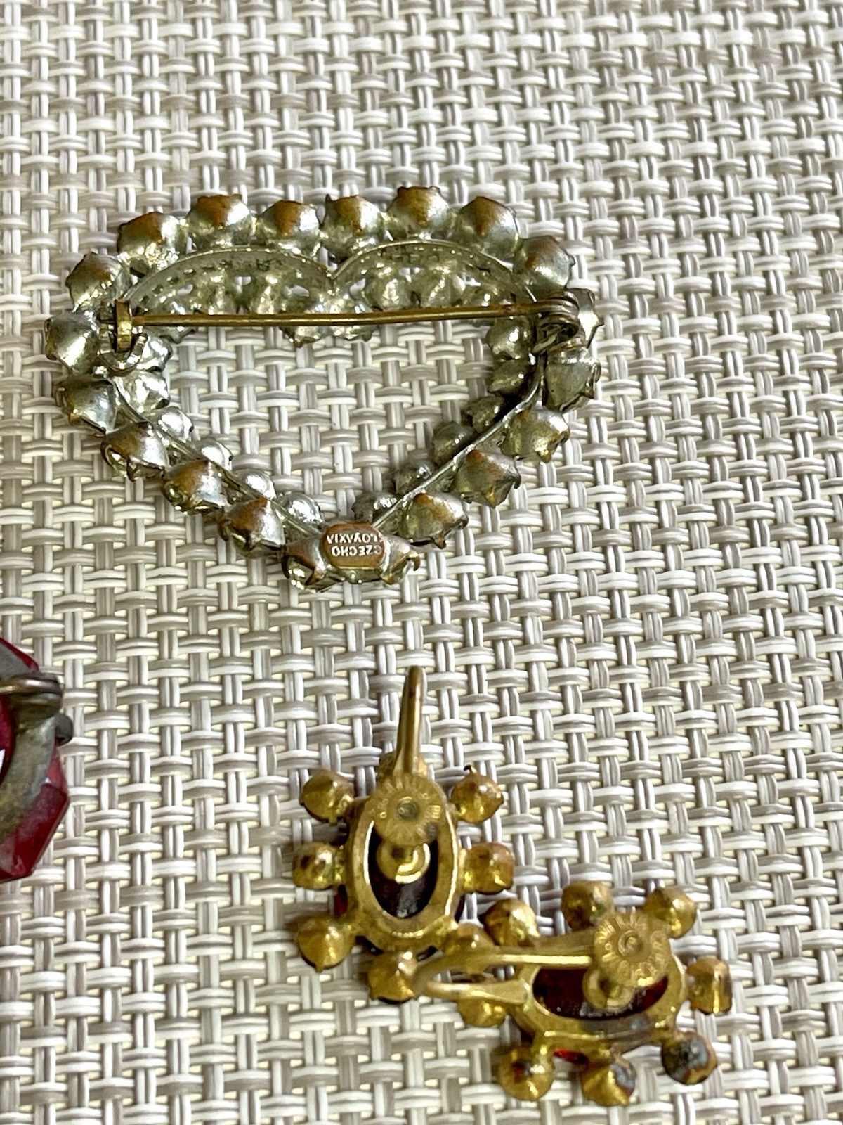 Antique Art Deco Czech PINK Vauxhall Foiled Glass Necklace Brooch Earrings Lot