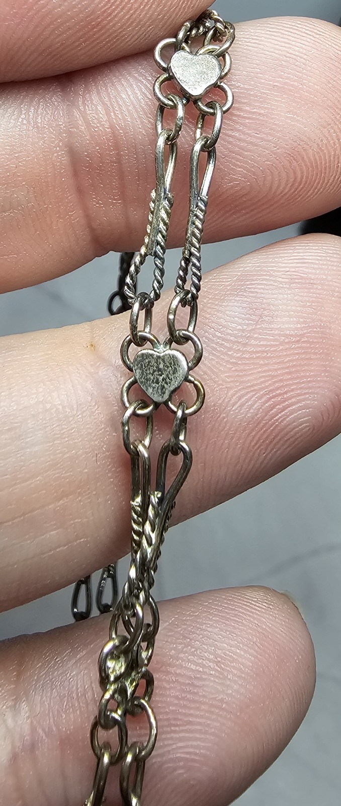 Vintage Sterling Silver Heart Station Bracelet 925 Double Link Twisted Bar Chain