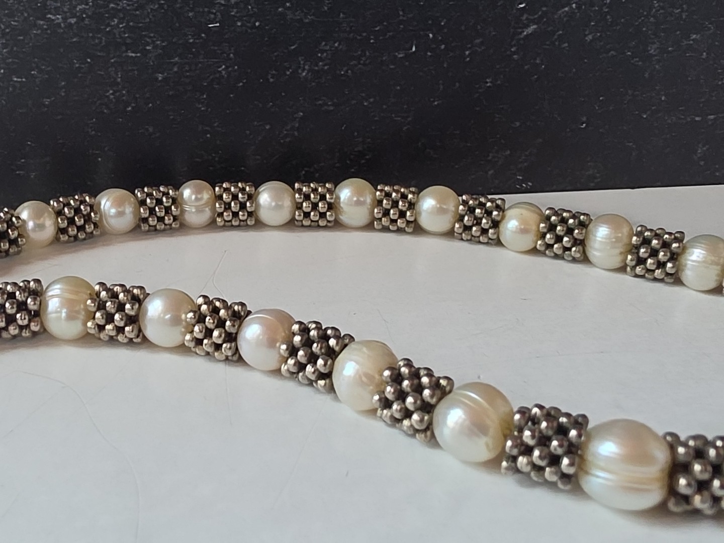 Real Pearl Silver Tone Metal Beaded Necklace Toggle Closure Vintage