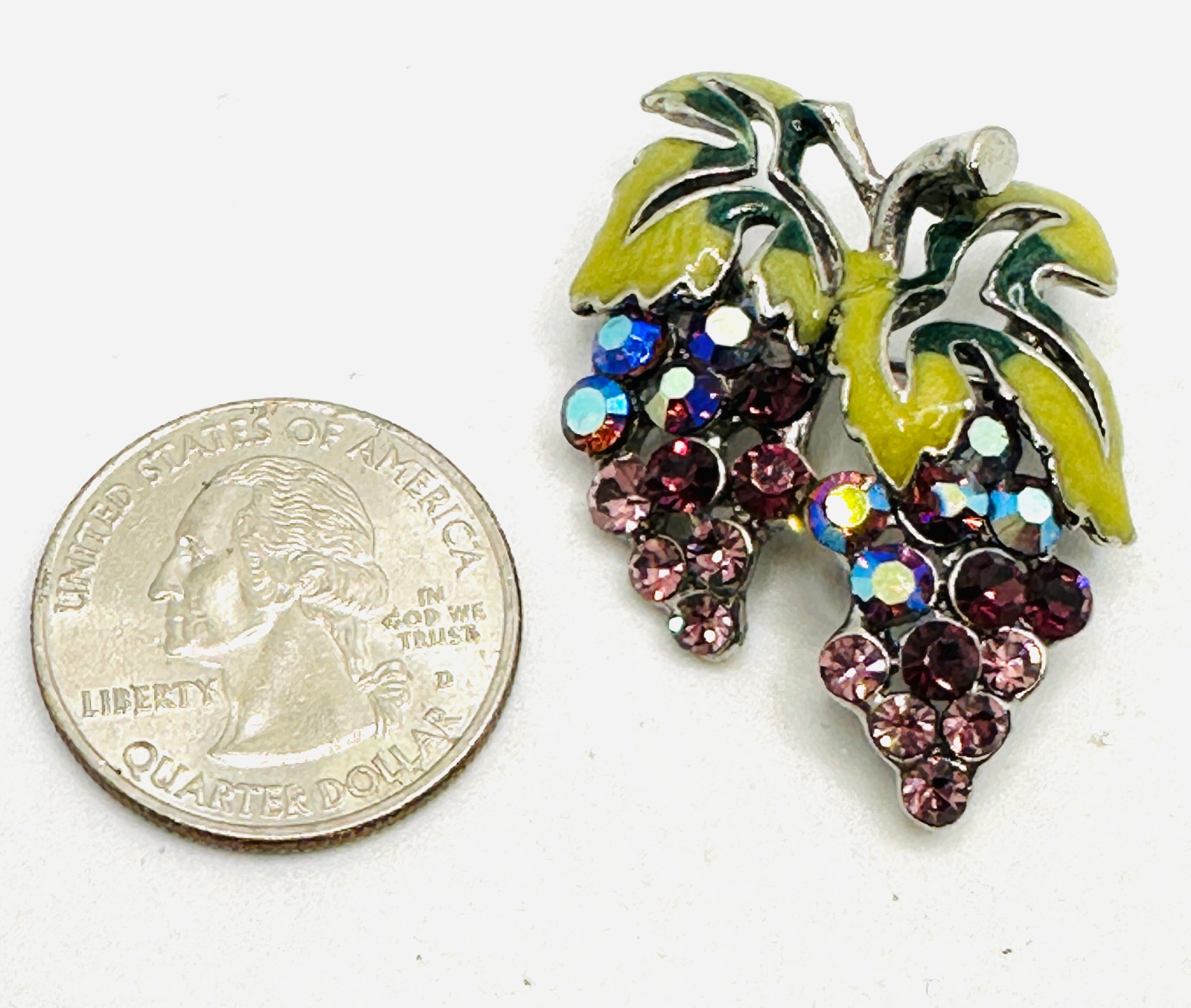 Gorgeous Glittering Vtg AB Purple Rhinestone Enamel Grape Cluster Brooch