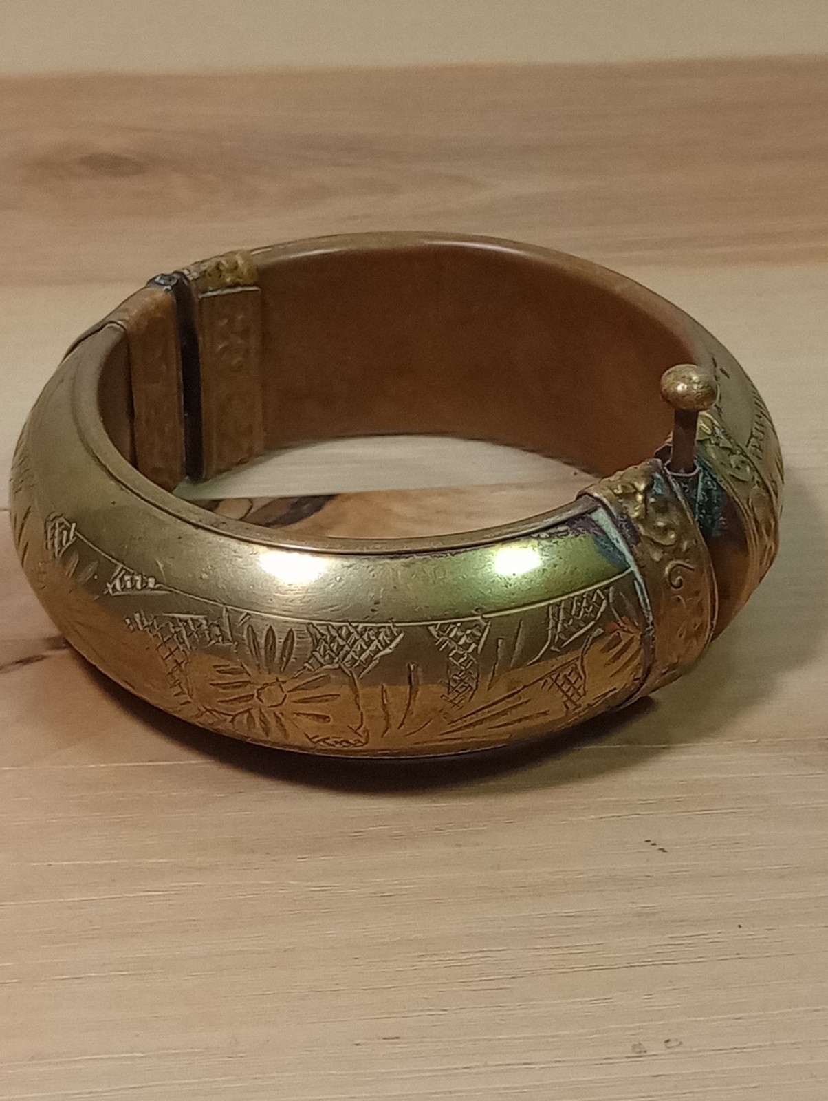 Vintage hinged brass bangle bracelet with etchings/ pin closure Morocco Or India