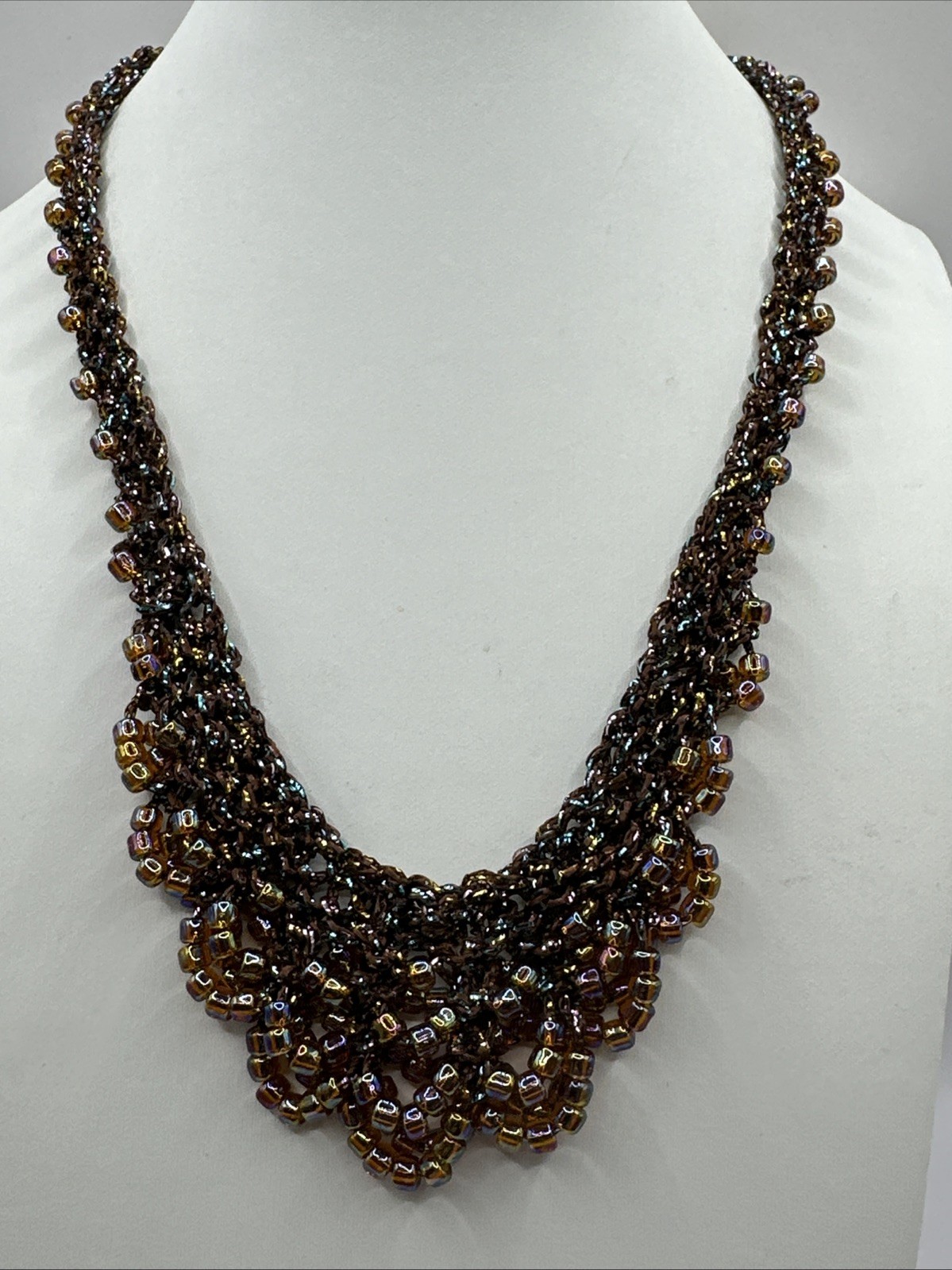 Vintage Iridescent Bead Fringe Collar Bib Crochet Choker Necklace 18”