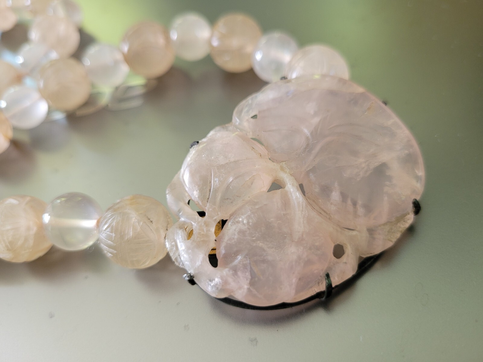 Antique Chinese Circa 1920s Sterling Carved Rose Quartz Beads Pendant Necklace