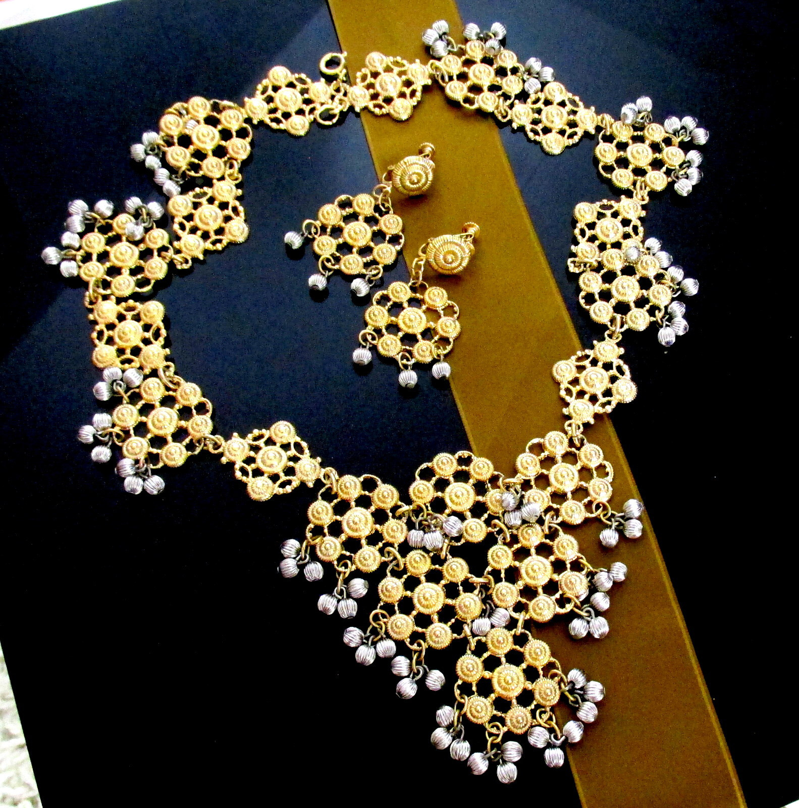 VTG Rare 70s Runway GP/Silver NAPIER Cannetille Filigree BIB NECKLACE EARRINGS