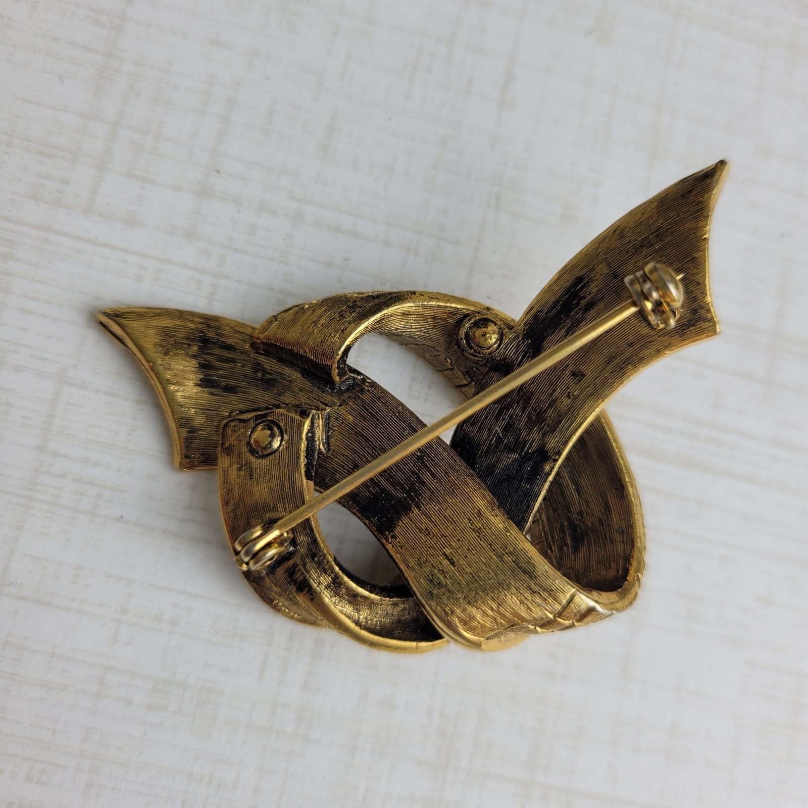 Vintage Textured Pretzel Knot Brooch Antique Gold Tone With Light Black Wash