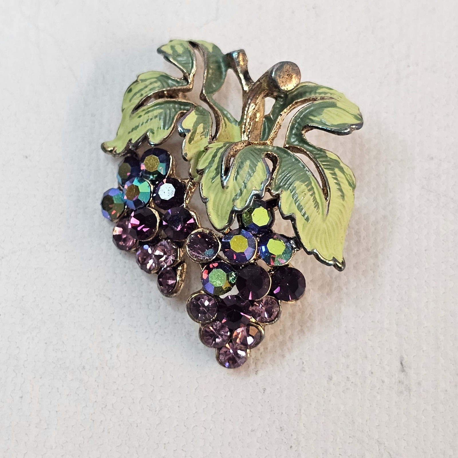 Grape Cluster Scatter Brooch Purple AB Rhinestones Green Leaves Unmarked Pin