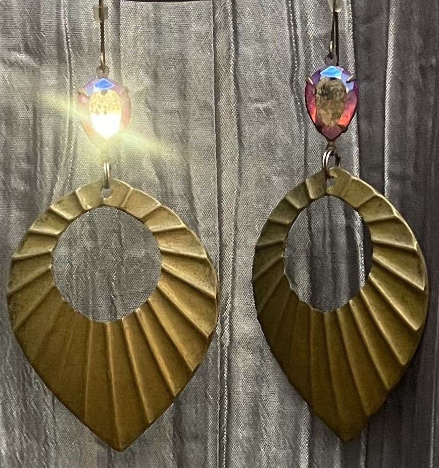 Brass Leaf Sun Shape Earrings Red Iridescent Glass Flare