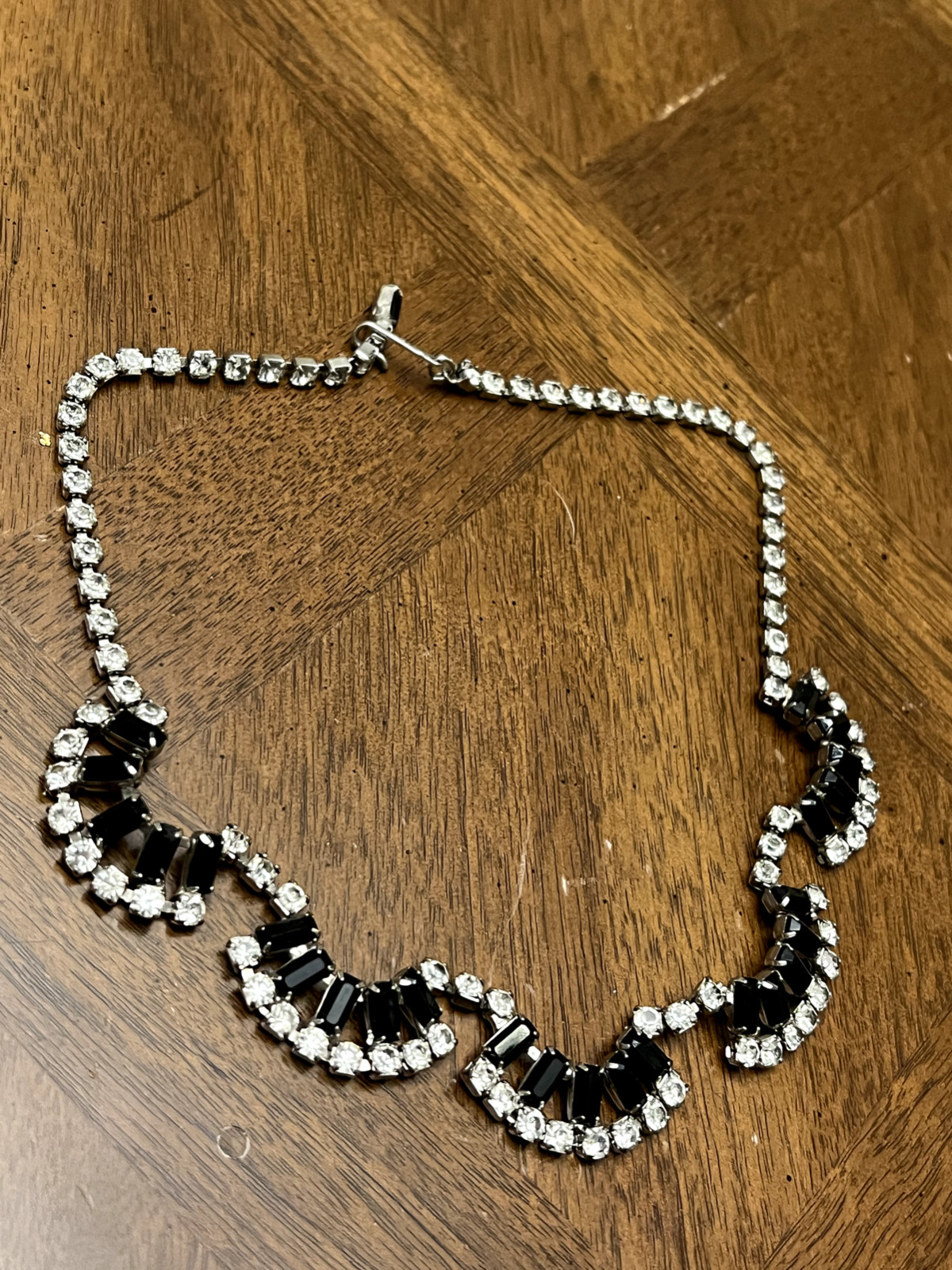 Vintage Coro Necklace Silver Tone Black & Clear Rhinestones Sparkly Signed!