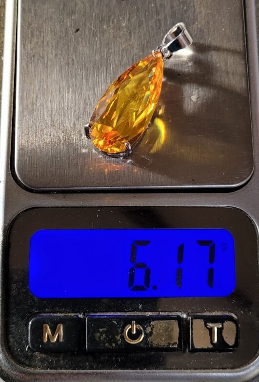 35mm Faceted Silver Lab Created Cubic Zirconia Citrine Colour Silvertone Pendant