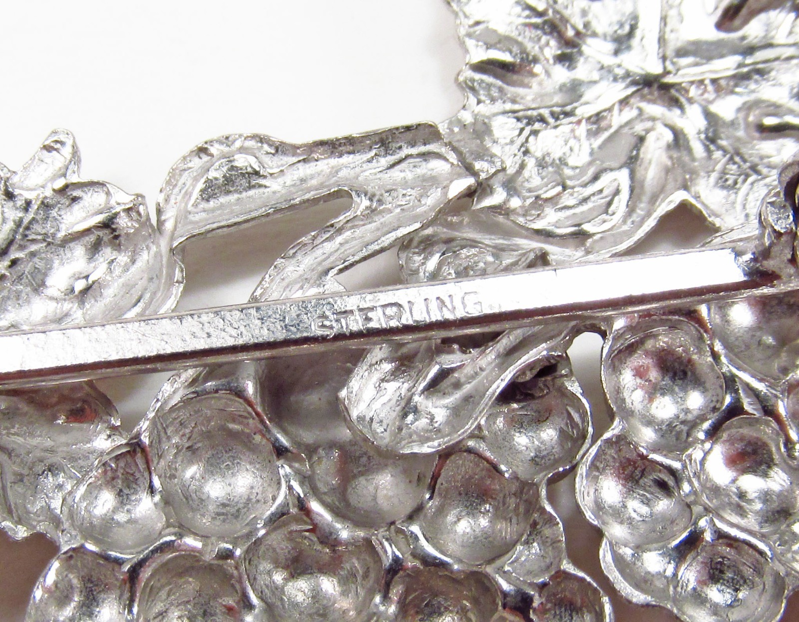 Vintage 1950s USA Made Sterling Silver Grapevine Bunch of Grapes Cluster Brooch