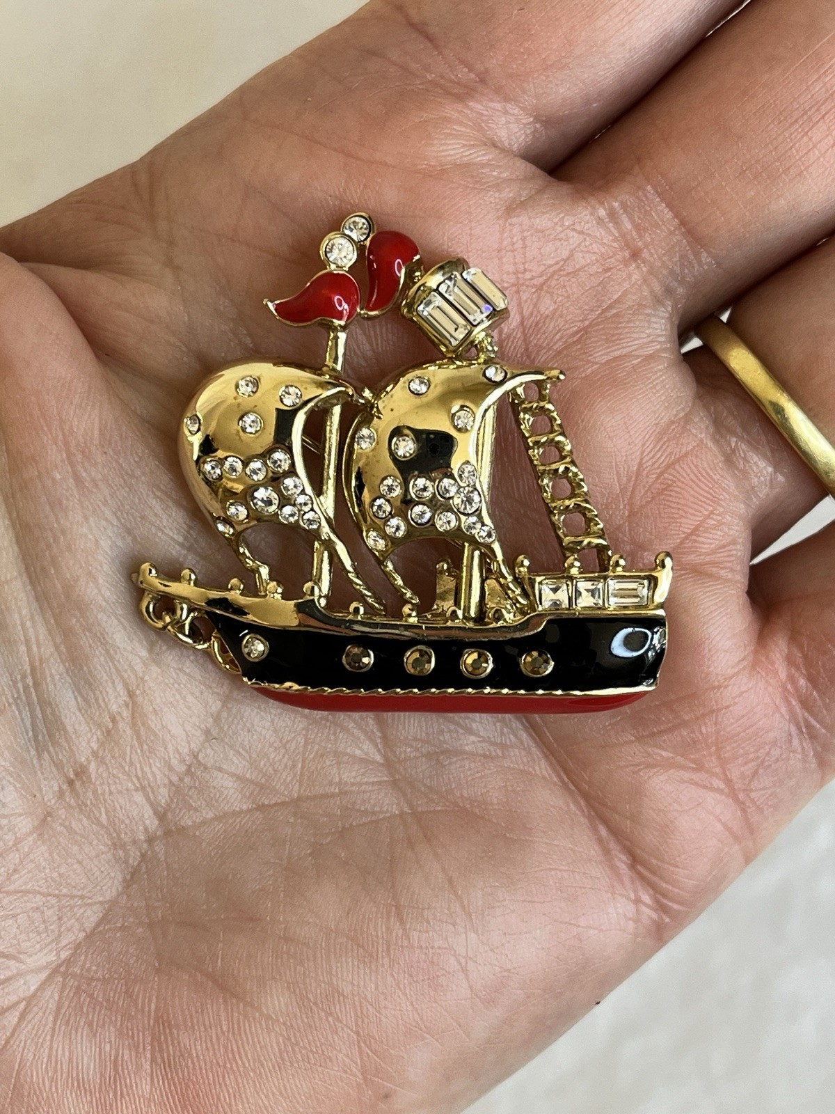 Vintage Clipper Ship Brooch by St John Enamel and Rhinestones Nautical Style