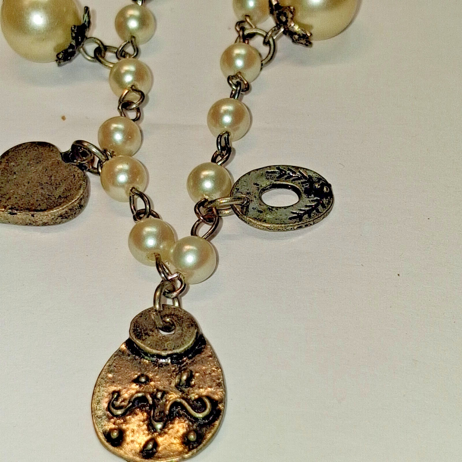 Long 26″ Vintage Silver Charm and Simulated Pearl Necklace Hearts,Flowers,Stars