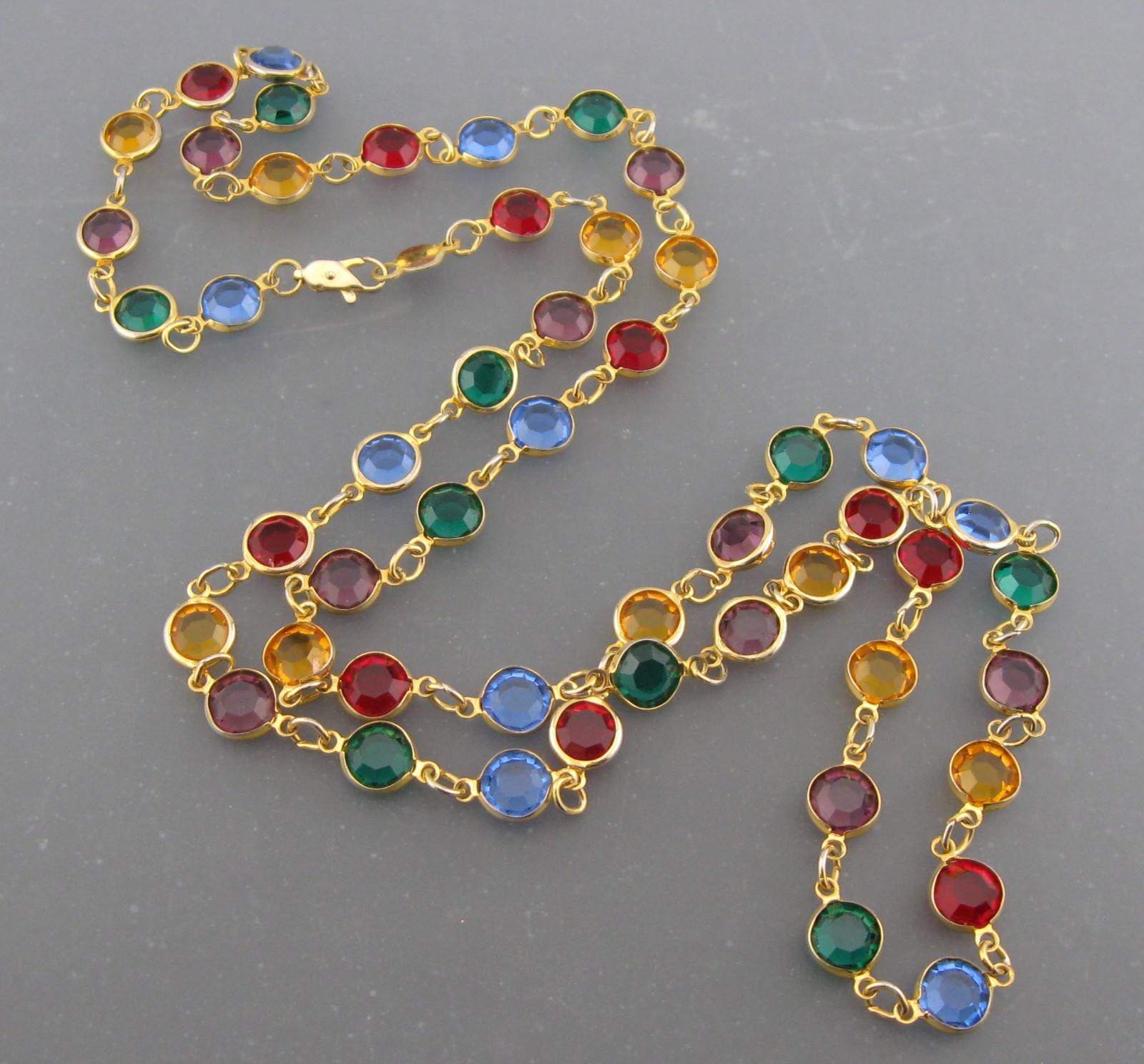Vintage Austrian Bezel Set Crystal Multi Color Long Gold Tone Necklace 36″