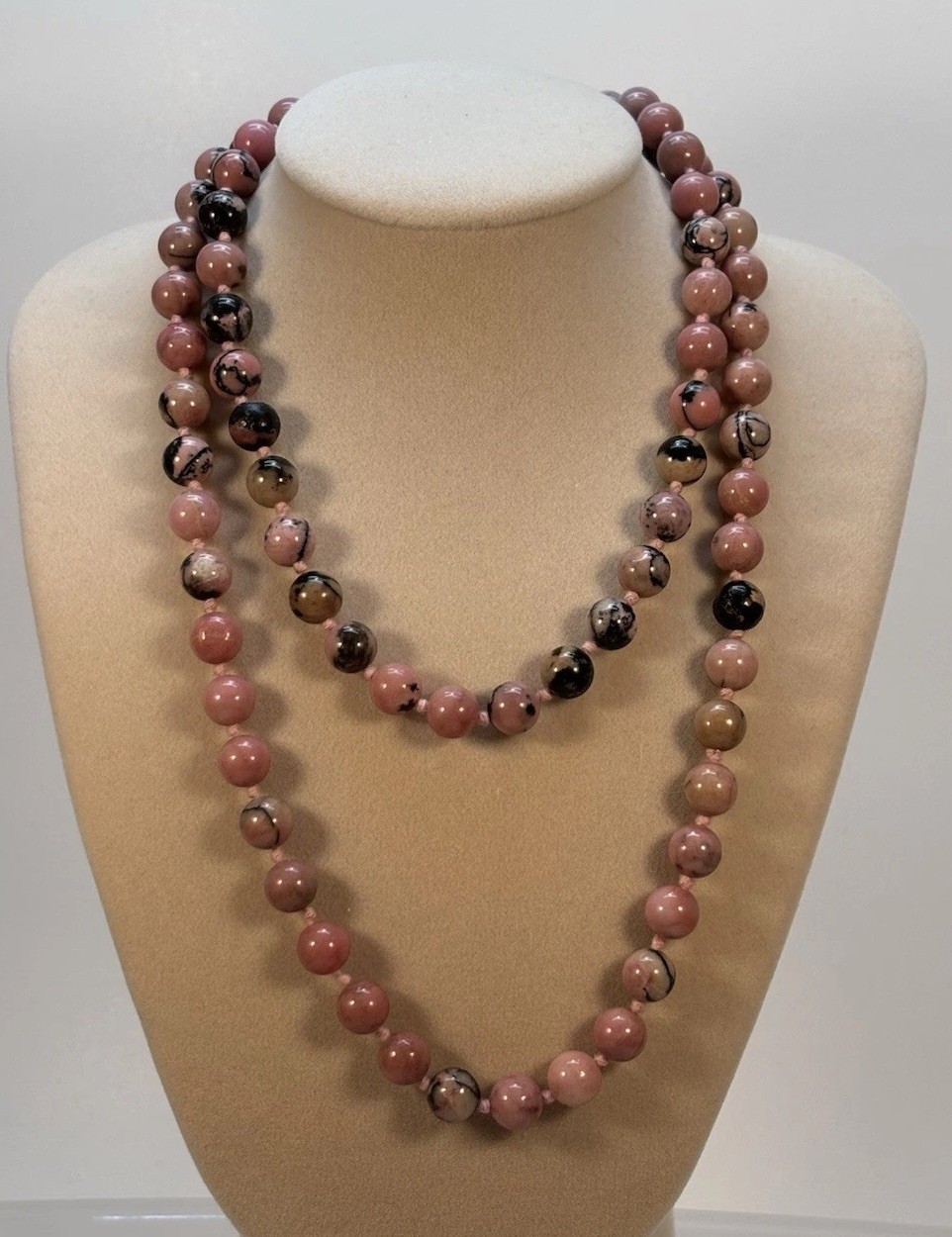 Vintage Pink/Black Rhodonite 8mm Beaded 30” Necklace Hand Knotted Silk No Clasp