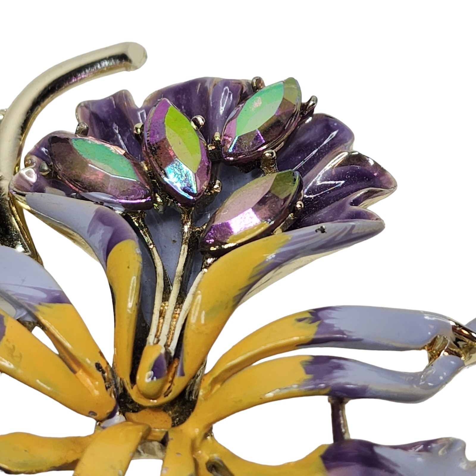 Vintage Signed B.S.K. Orchid Brooch Enamel Glass Crystal Purple Brooch Pin
