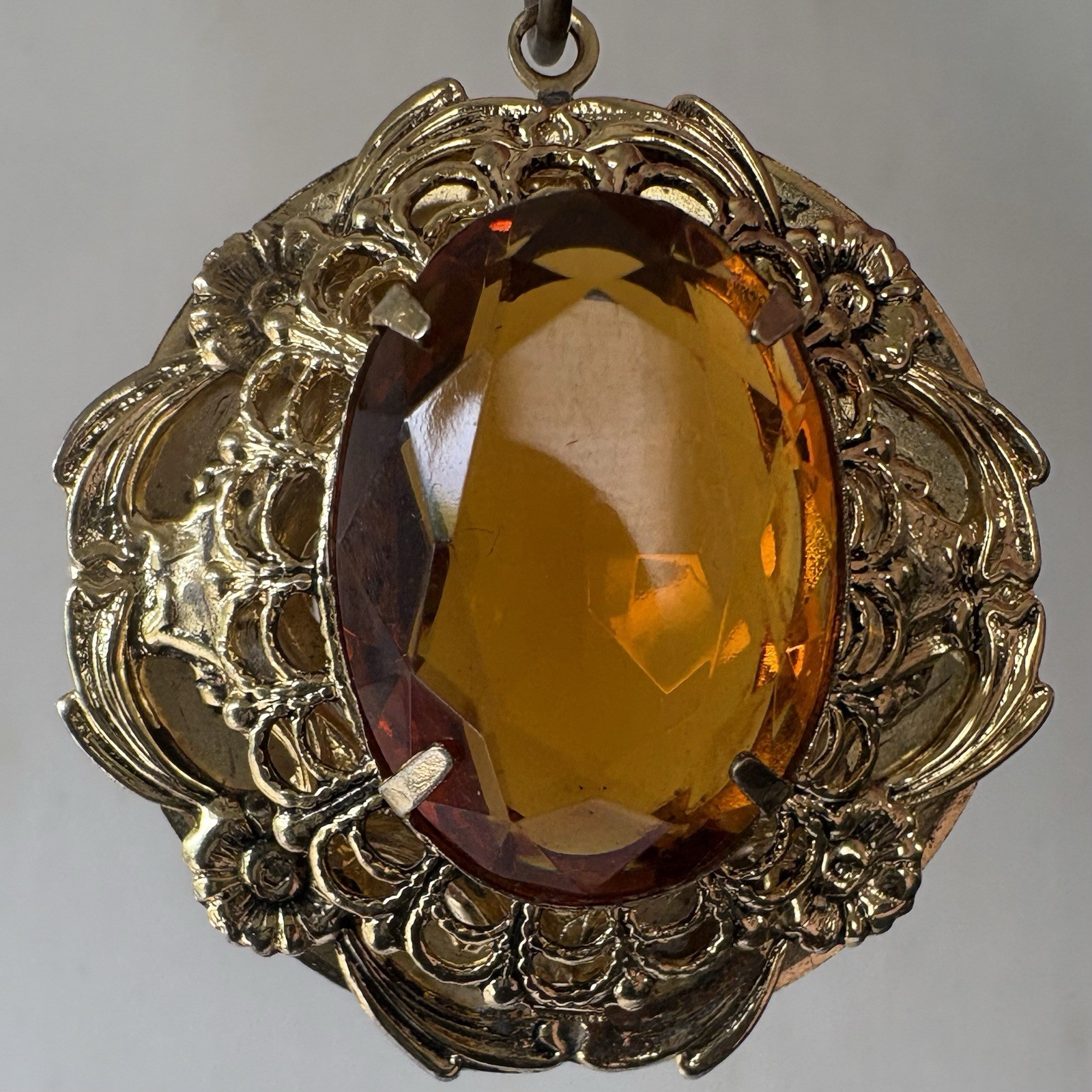 Vintage Victorian Revival Filigree Pendant Honey Amber Glass Gold Tone Ornate
