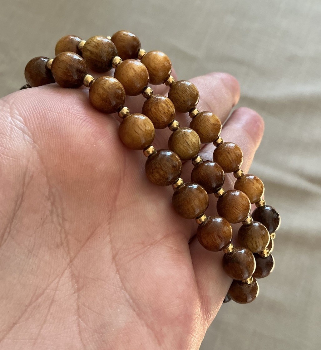 Vintage Wood And Gold Tone Beaded Necklace Fish Hook Clasp 23”