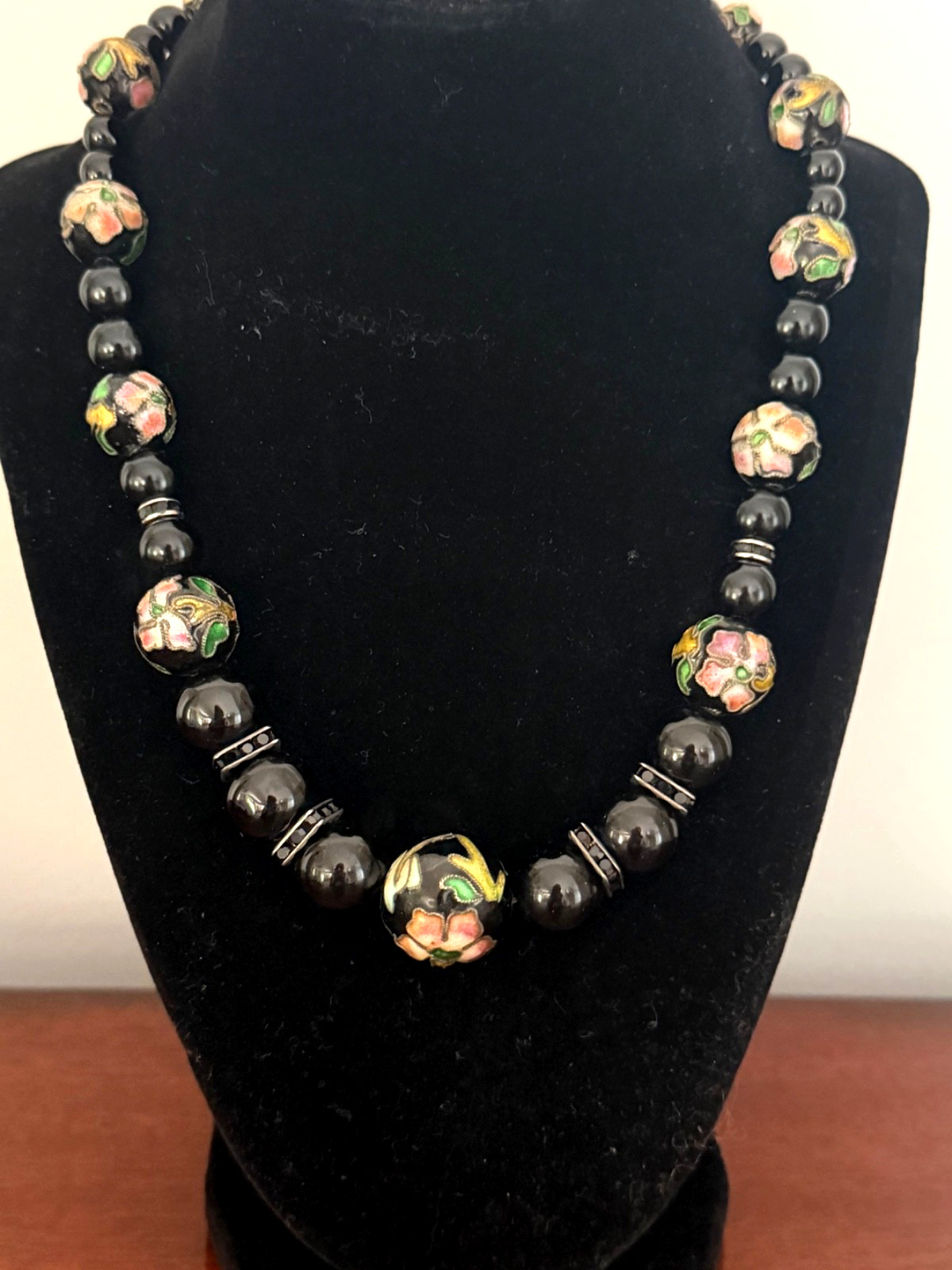 Vintage Black Glass Beads & Cloisonne Necklace Black Rhinestone Spacers 18 3/4″